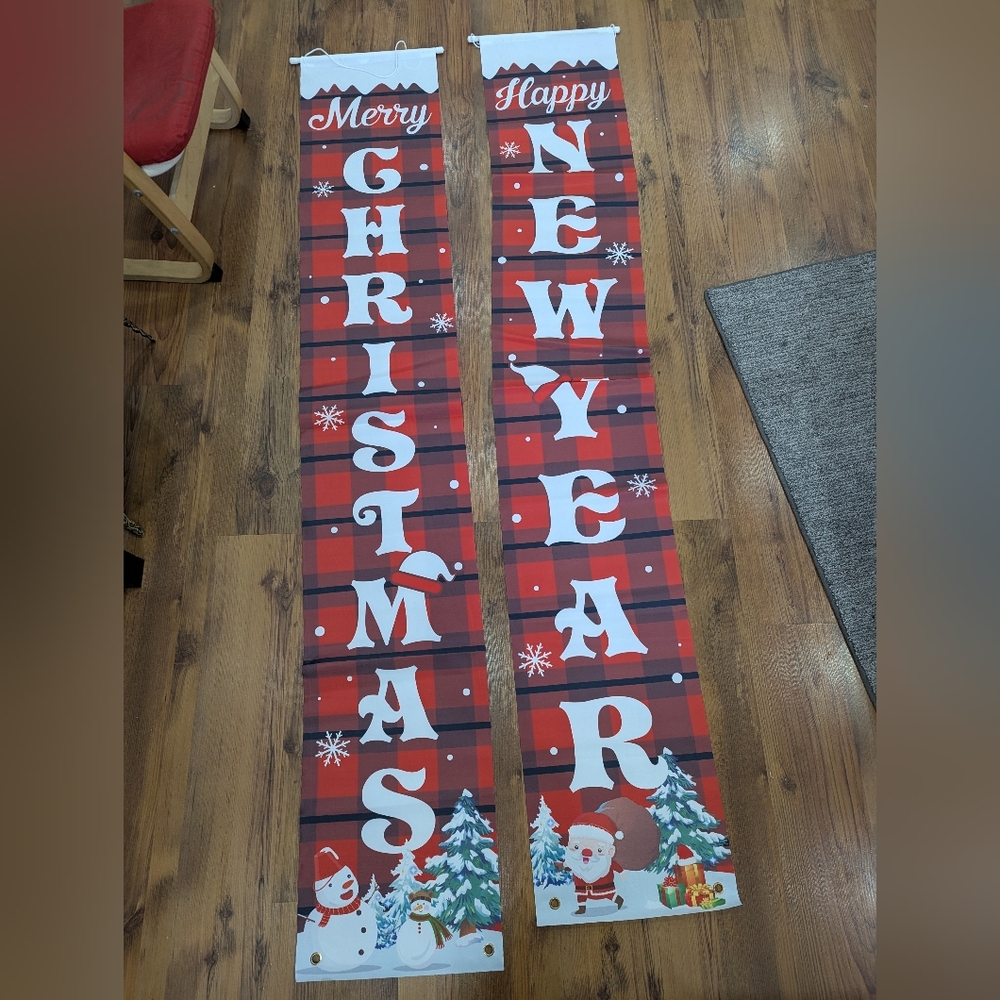 Brand New Set Of 2 Red Christmas and New Year Porch Banners